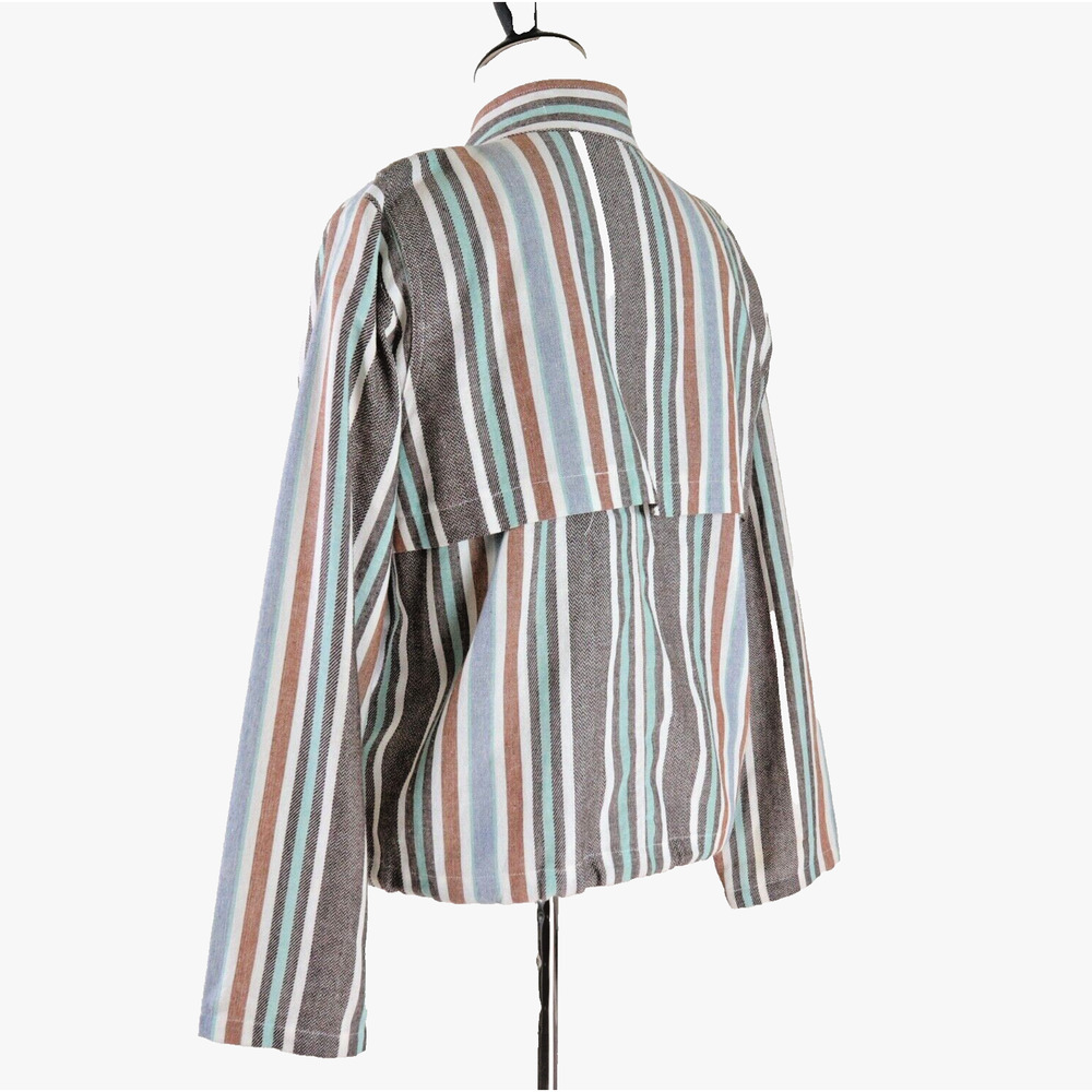 Mystree Size L Linen Blend Jacket Long Sleeve Striped Blue Gray Brown - Picture 4 of 13